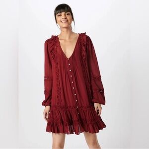 Free People Snow Angel Burgundy Ruffle-Trim Button-Front Long Sleeve Dress